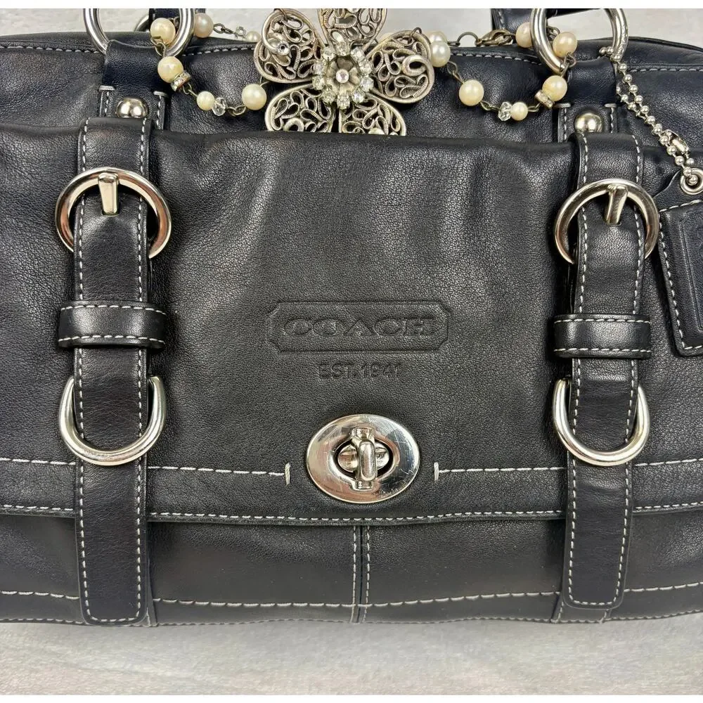 Coach Vintage Chelsea Black Leather Turnlock Satchel with Elegant Charm